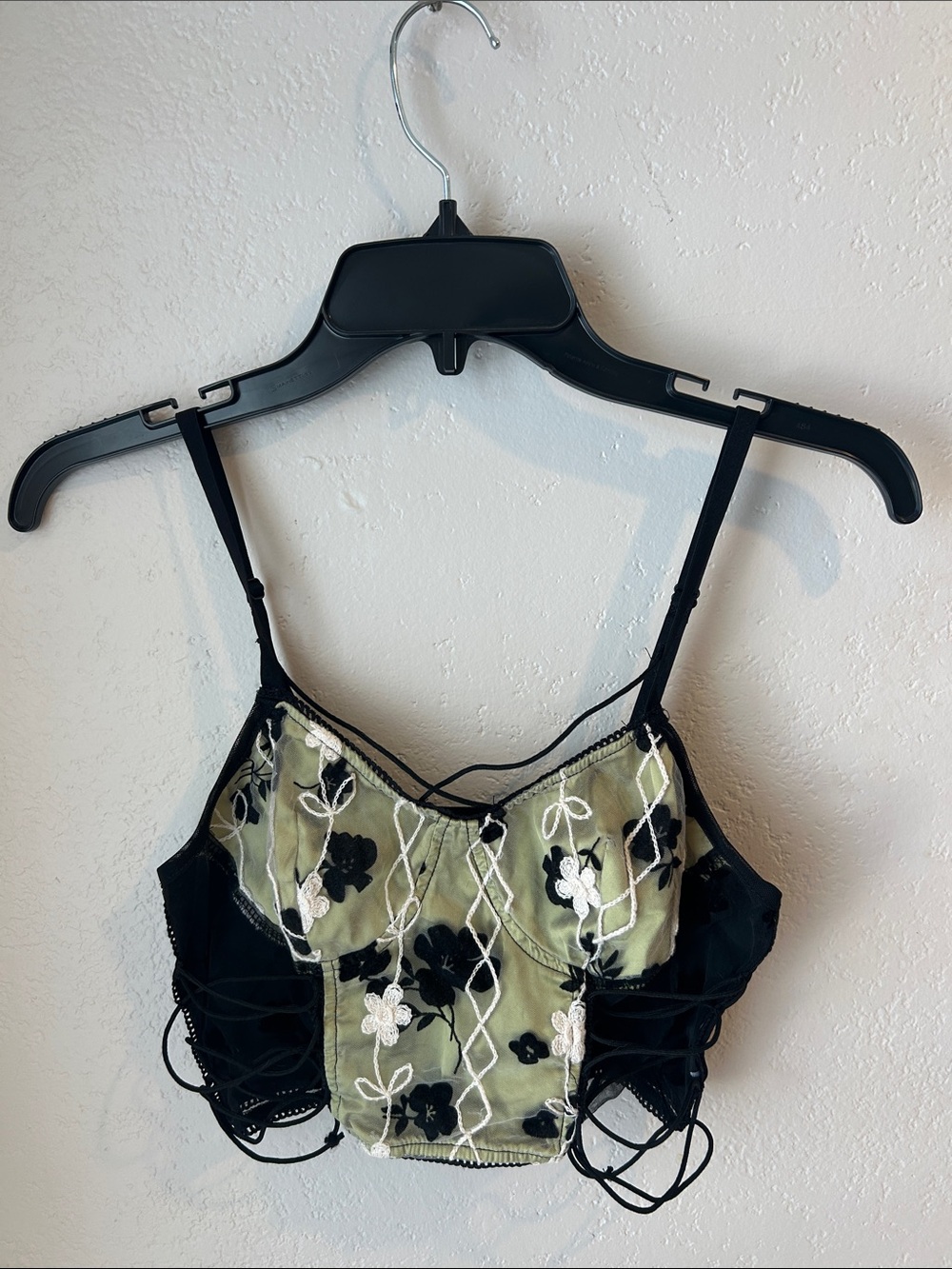 Floral Embroidered Lace-Up Crop Cami Top in Olive and Black